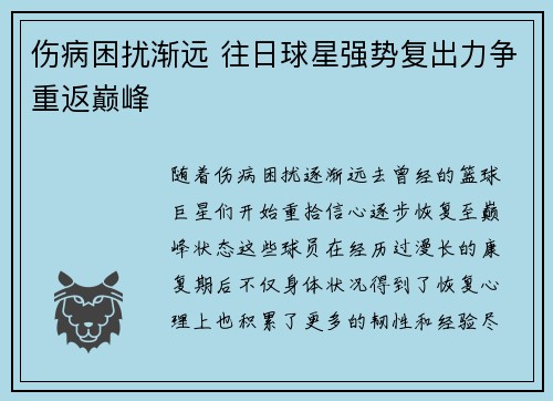 伤病困扰渐远 往日球星强势复出力争重返巅峰