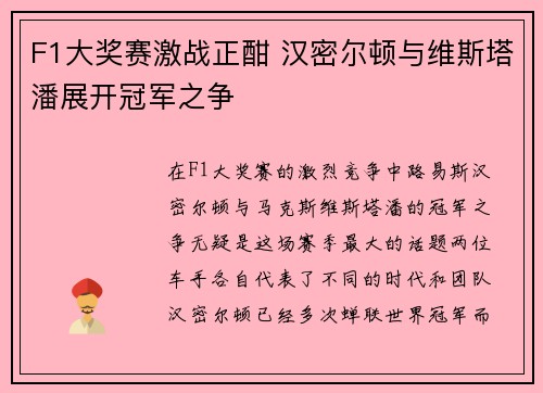 F1大奖赛激战正酣 汉密尔顿与维斯塔潘展开冠军之争