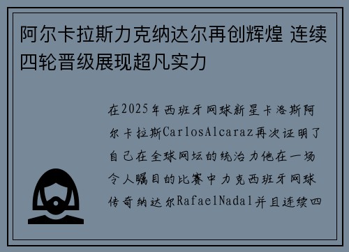 阿尔卡拉斯力克纳达尔再创辉煌 连续四轮晋级展现超凡实力
